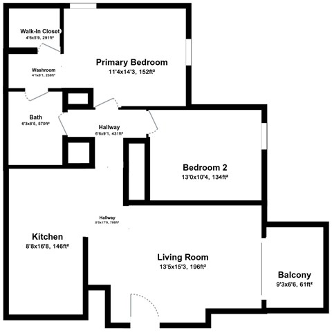 Floor plan for 2 beds, 1 bath, 840 sqft